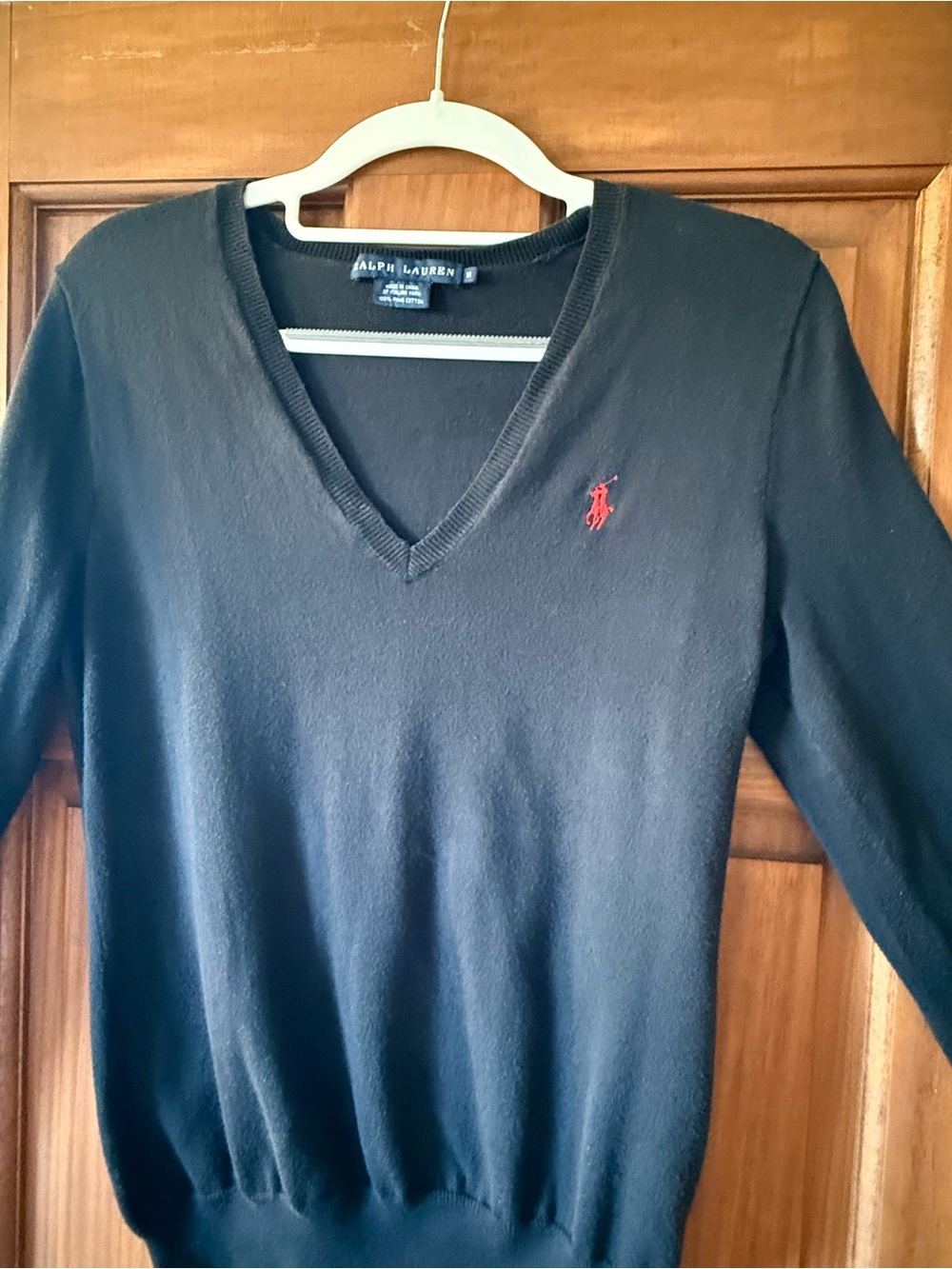 Ralph Lauren Womens Vintage V-Neck Sweater, Navy with Red Pony